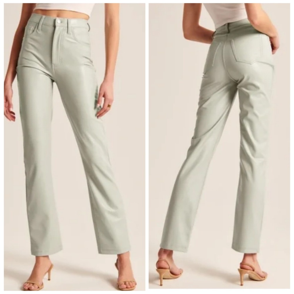 Abercrombie Fitch 90s Straight High Rise Vegan Leather Pants Light Green Size 25